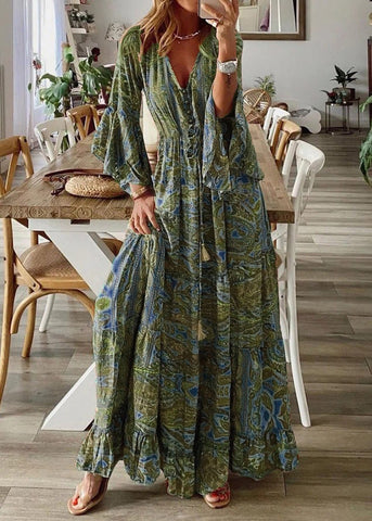 Sleeve Maxi Print Green Dresses V Flare Neck Cotton Women FashionChic