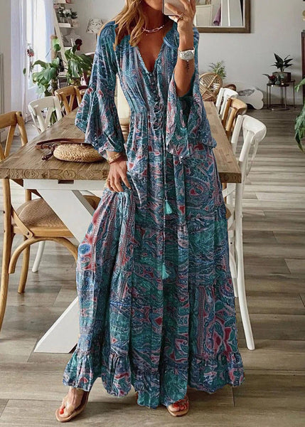 Sleeve Maxi Print Green Dresses V Flare Neck Cotton Women FashionChic
