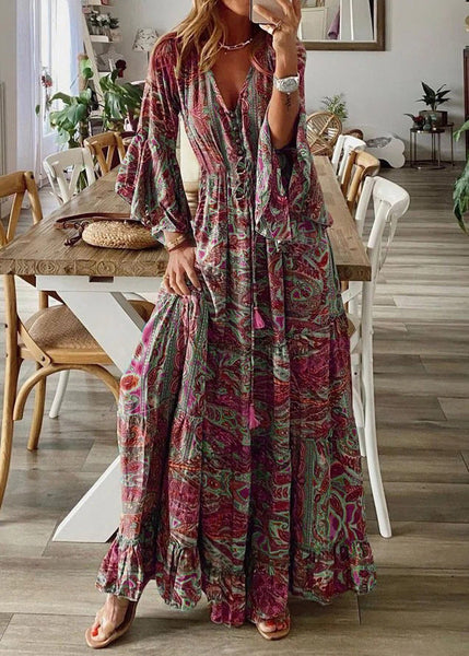 Sleeve Maxi Print Green Dresses V Flare Neck Cotton Women FashionChic