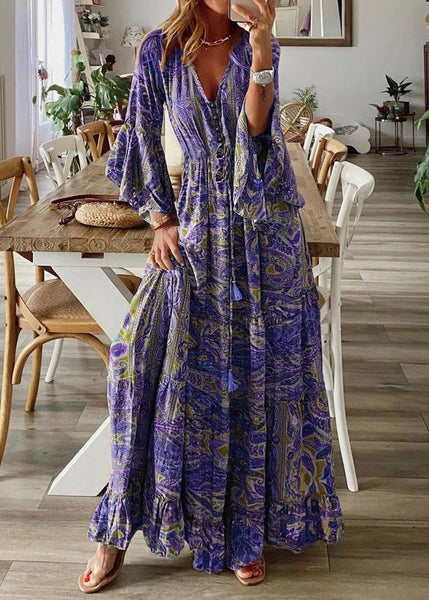 Sleeve Maxi Print Green Dresses V Flare Neck Cotton Women FashionChic