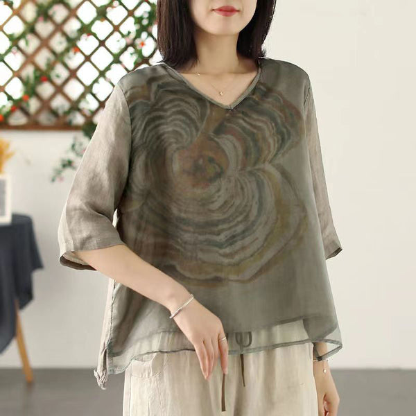 Women Green V Neck Print Tulle T Shirts Summer VB1087 Ada Fashion