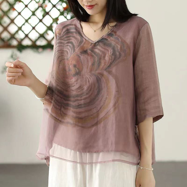 Women Green V Neck Print Tulle T Shirts Summer VB1087 Ada Fashion