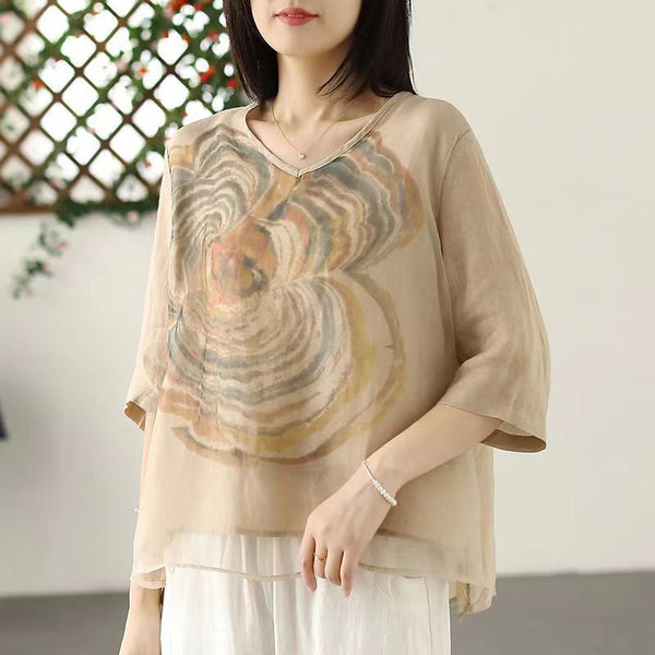 Women Green V Neck Print Tulle T Shirts Summer VB1087 Ada Fashion