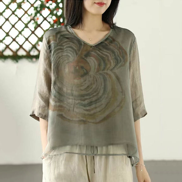 Women Green V Neck Print Tulle T Shirts Summer VB1087 Ada Fashion