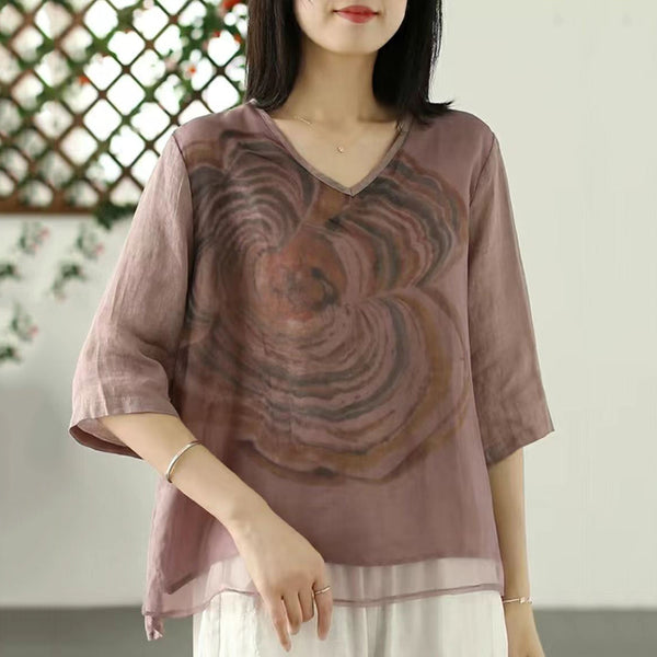 Women Green V Neck Print Tulle T Shirts Summer VB1087 Ada Fashion