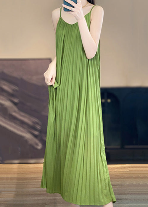 Women Green Wrinkled Solid Cotton Spaghetti Strap Dress Sleeveless AB1013 Genistyle Shop