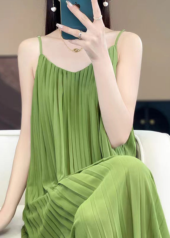 Women Green Wrinkled Solid Cotton Spaghetti Strap Dress Sleeveless AB1013 Genistyle Shop