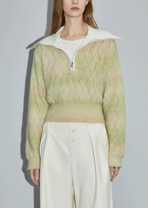 Women Green Zip Up Hollow Out Wool Knit Sweater Winter WK025 OM-SW241119