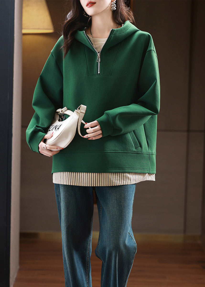 Women Green Zip Up Patchwork Hooded Cotton Pullover Streetwear Fall QI038 OL-LTP241005