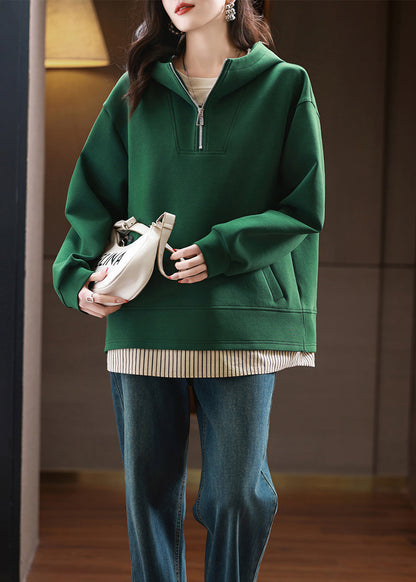 Women Green Zip Up Patchwork Hooded Cotton Pullover Streetwear Fall QI038 OL-LTP241005