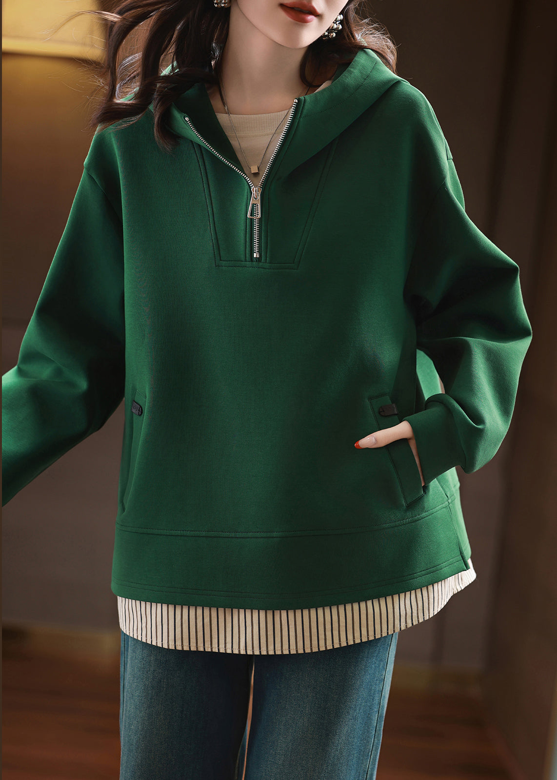 Women Green Zip Up Patchwork Hooded Cotton Pullover Streetwear Fall QI038 OL-LTP241005
