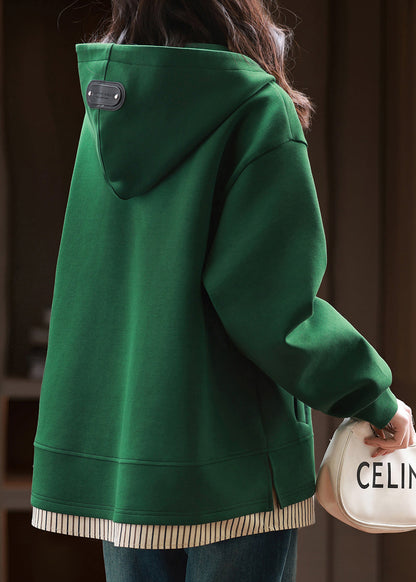 Women Green Zip Up Patchwork Hooded Cotton Pullover Streetwear Fall QI038 OL-LTP241005