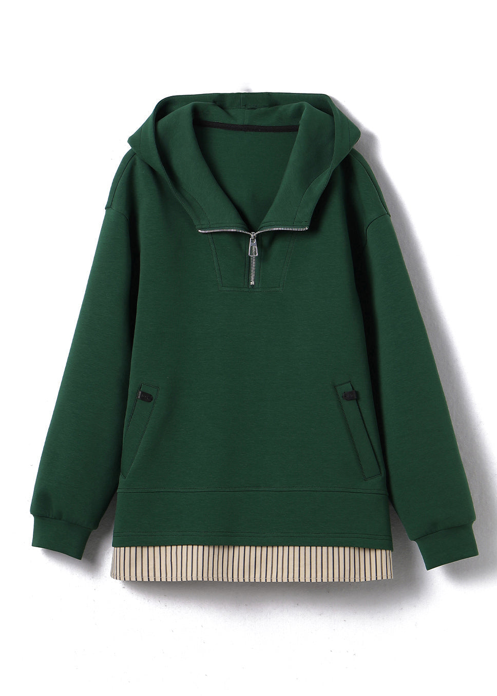 Women Green Zip Up Patchwork Hooded Cotton Pullover Streetwear Fall QI038 OL-LTP241005