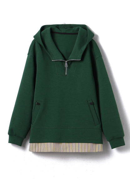 Women Green Zip Up Patchwork Hooded Cotton Pullover Streetwear Fall QI038 OL-LTP241005