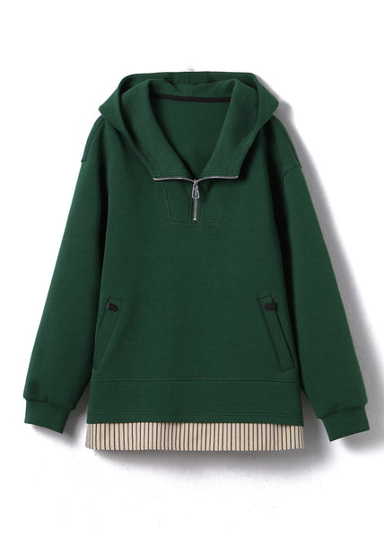 Women Green Zip Up Patchwork Hooded Cotton Pullover Streetwear Fall QI038 OL-LTP241005
