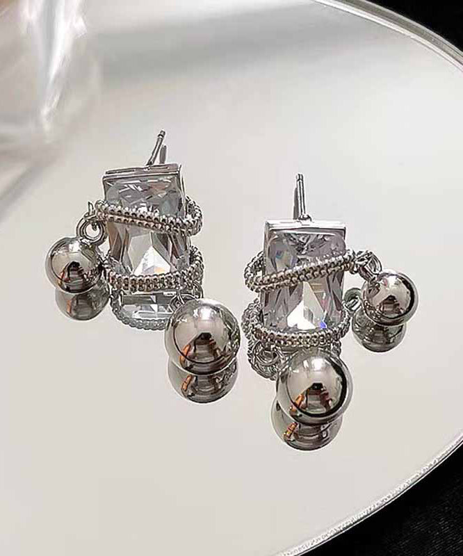 Women Grey Alloy Zircon Crystal Gem Stone Drop Earrings PO075 JEW-EAR240729