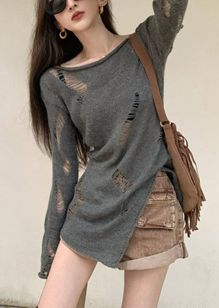 Hollow Spring Asymmetrical Knit Sweater Out Grey Women FashionChic