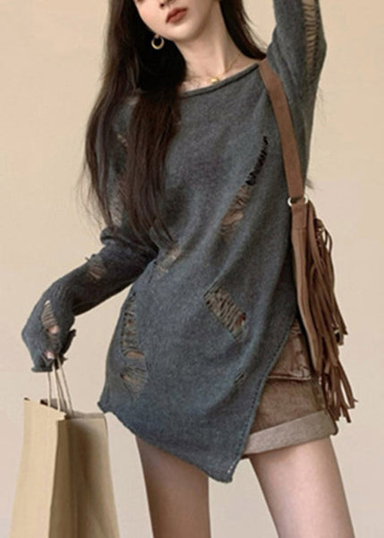Hollow Spring Asymmetrical Knit Sweater Out Grey Women FashionChic