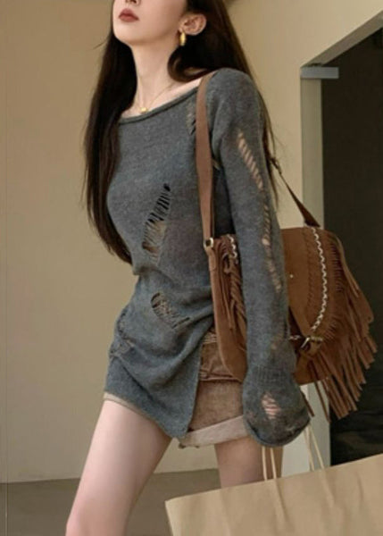 Hollow Spring Asymmetrical Knit Sweater Out Grey Women FashionChic