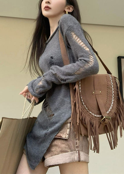 Hollow Spring Asymmetrical Knit Sweater Out Grey Women FashionChic