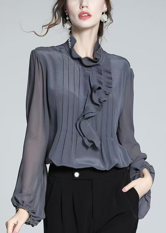 Women Grey Shirts Ruffled Patchwork Spring Chiffon Blue FashionChic