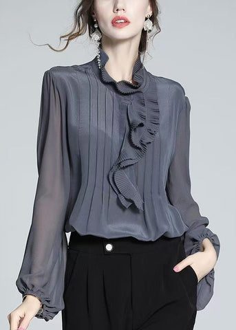 Women Grey Shirts Ruffled Patchwork Spring Chiffon Blue FashionChic