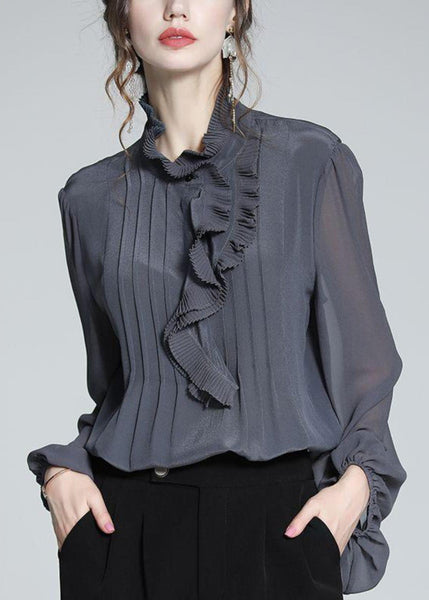 Women Grey Shirts Ruffled Patchwork Spring Chiffon Blue FashionChic