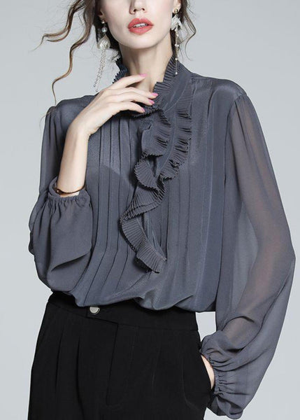 Women Grey Shirts Ruffled Patchwork Spring Chiffon Blue FashionChic