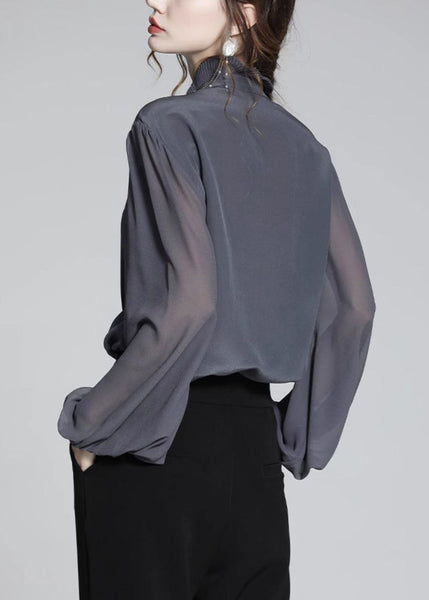 Women Grey Shirts Ruffled Patchwork Spring Chiffon Blue FashionChic