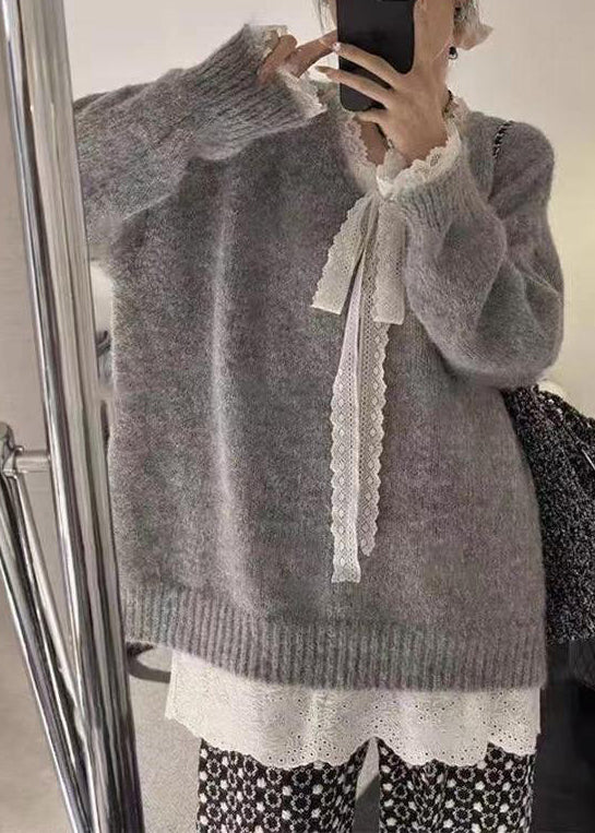 Women Grey Cozy Lace Patchwork Knit Sweater Winter WM007 ABC