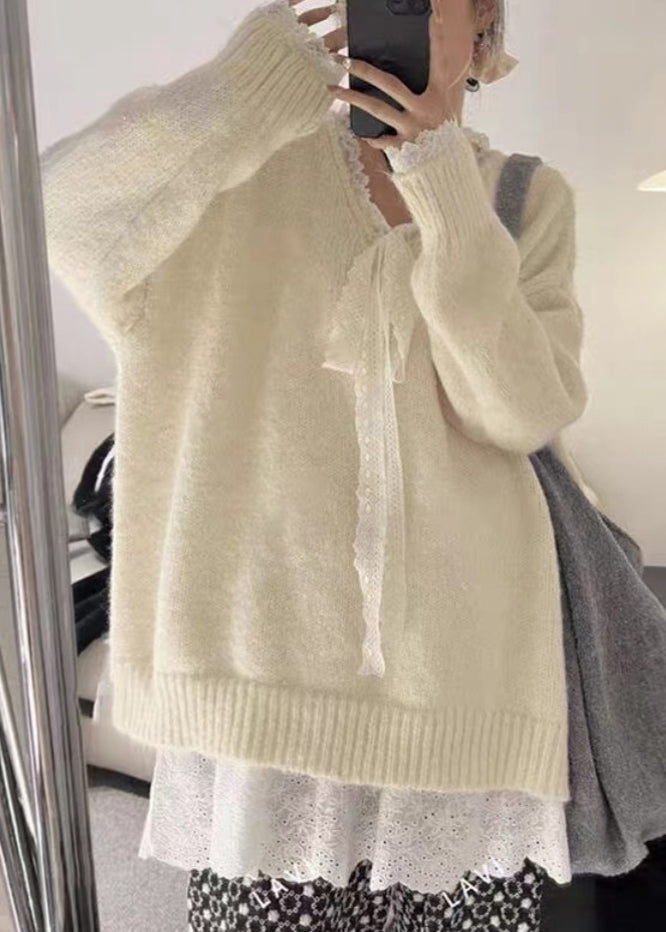 Women Grey Cozy Lace Patchwork Knit Sweater Winter WM007 ABC