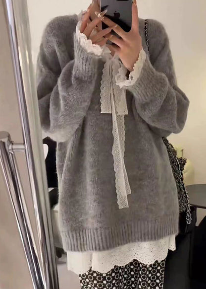 Women Grey Cozy Lace Patchwork Knit Sweater Winter WM007 ABC