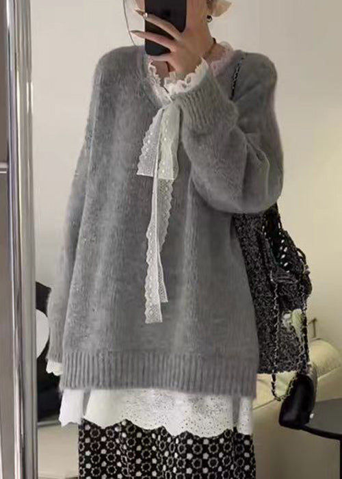 Women Grey Cozy Lace Patchwork Knit Sweater Winter WM007 ABC