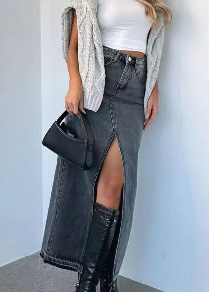 Side Open Skirts Grey Summer Women Waist Denim High FashionChic