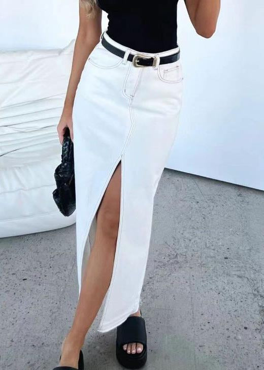 Side Open Skirts Grey Summer Women Waist Denim High FashionChic