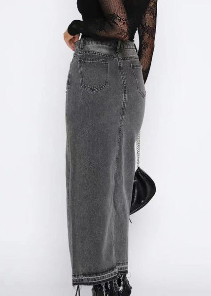 Side Open Skirts Grey Summer Women Waist Denim High FashionChic
