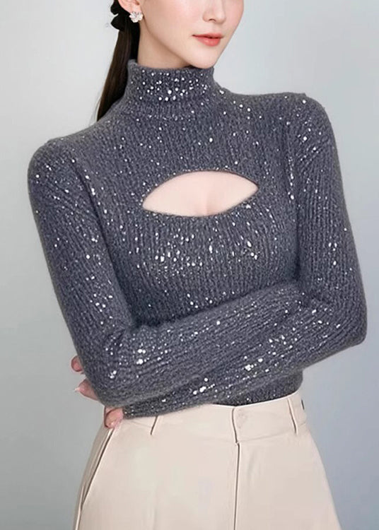 Women Grey Hign Neck Hollow Out Knit Sweater Spring TN048 ABC