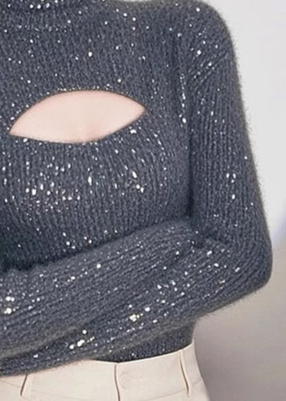 Women Grey Hign Neck Hollow Out Knit Sweater Spring TN048 ABC