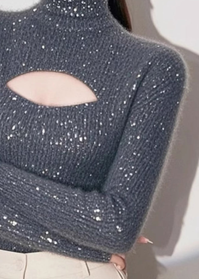 Women Grey Hign Neck Hollow Out Knit Sweater Spring TN048 ABC