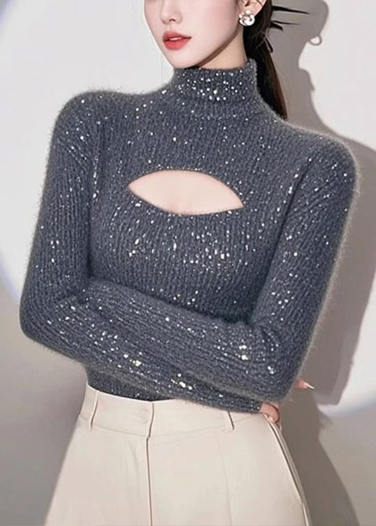 Women Grey Hign Neck Hollow Out Knit Sweater Spring TN048 ABC