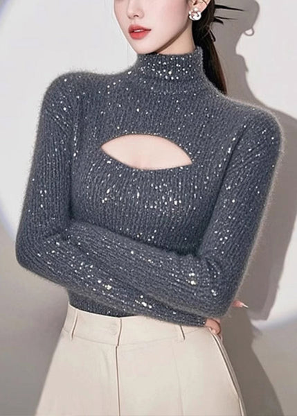 Women Grey Hign Neck Hollow Out Knit Sweater Spring TN048 ABC