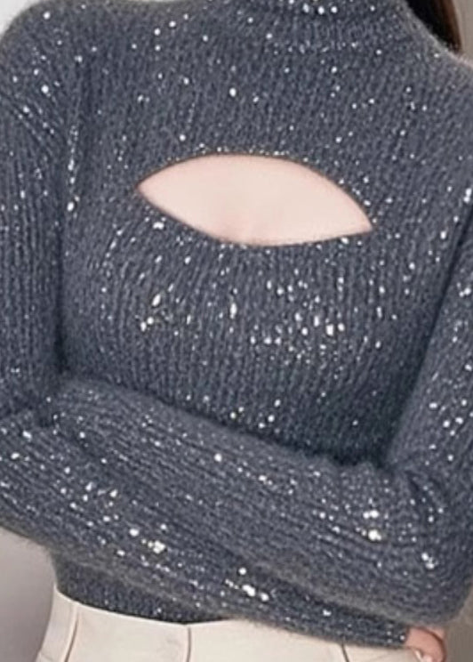 Women Grey Hign Neck Hollow Out Knit Sweater Spring TN048 ABC