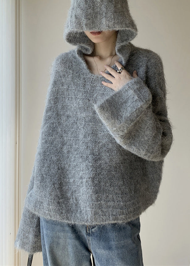 Women Grey Hooded Solid Cotton Knit Sweaters Winter WY024 OM-OL241106