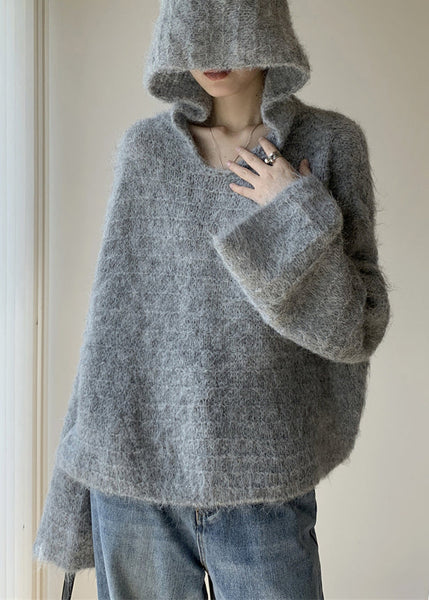 Women Grey Hooded Solid Cotton Knit Sweaters Winter WY024 OM-OL241106