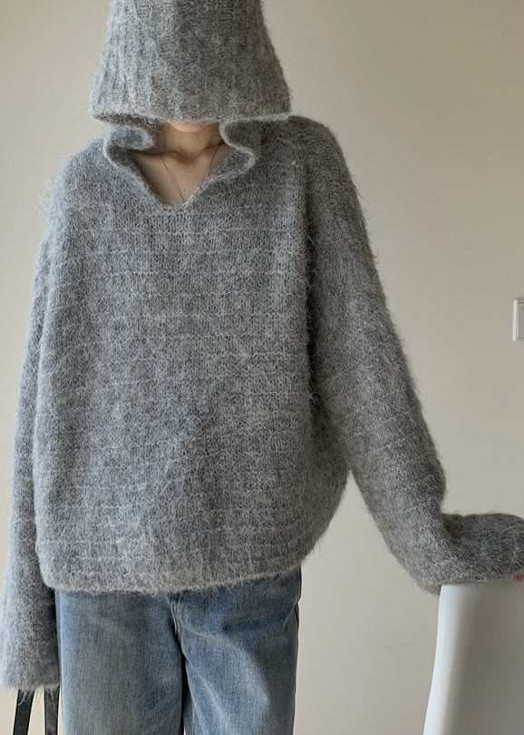 Women Grey Hooded Solid Cotton Knit Sweaters Winter WY024 OM-OL241106
