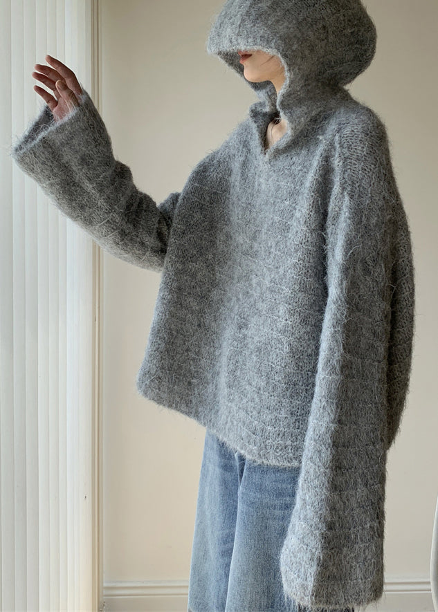 Women Grey Hooded Solid Cotton Knit Sweaters Winter WY024 OM-OL241106