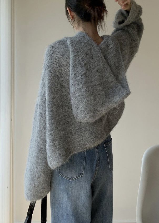 Women Grey Hooded Solid Cotton Knit Sweaters Winter WY024 OM-OL241106