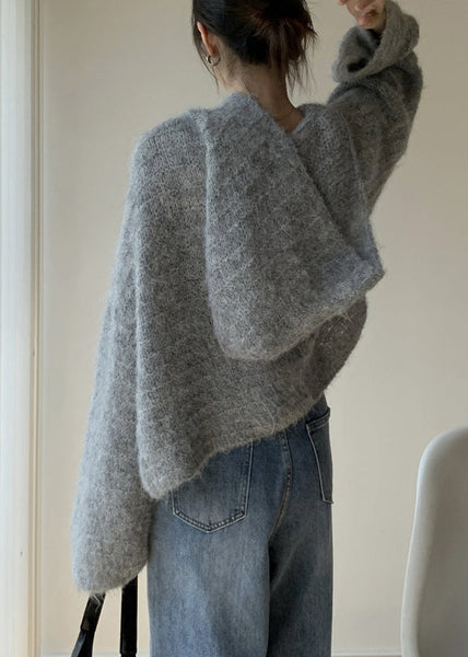 Women Grey Hooded Solid Cotton Knit Sweaters Winter WY024 OM-OL241106