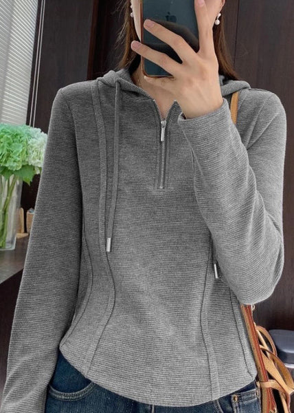 Shirt Cotton Grey Spring Zippered T Women Hooded FashionChic