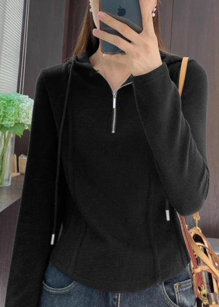 Shirt Cotton Grey Spring Zippered T Women Hooded FashionChic